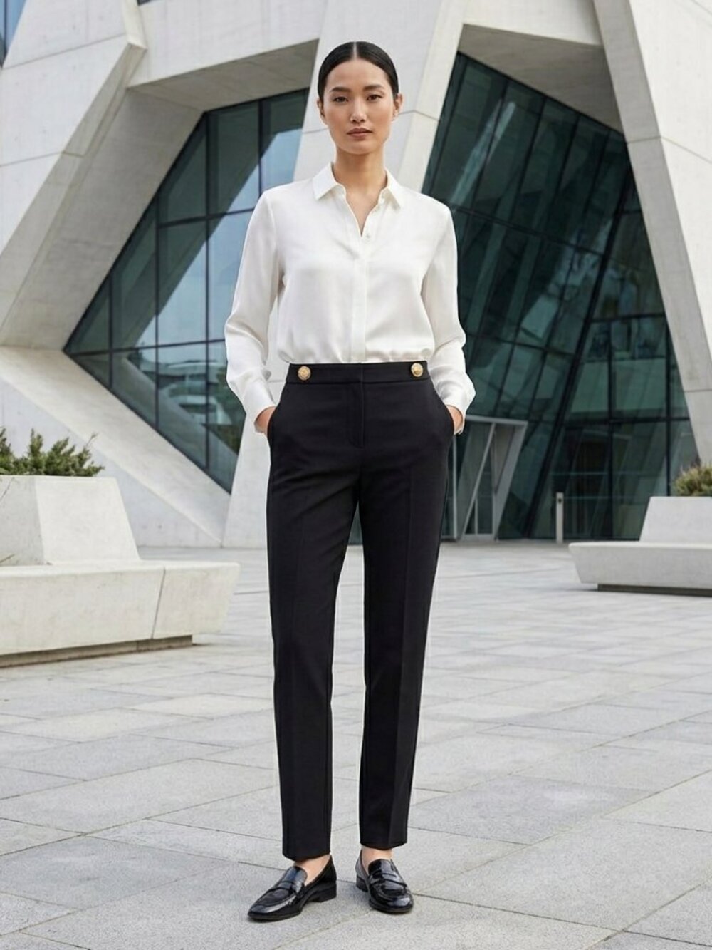 NWT Ann Taylor Women's Black Gold Button Dress Pants Work Slim Trousers 8